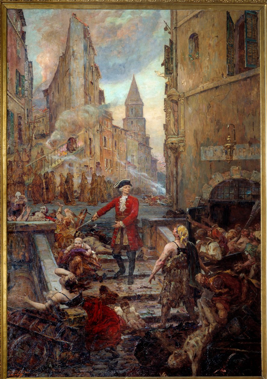 De ridder Roze bij de Montée des Aroules in Marseille. Nicola Roze (1675-1733) bevrijdt de wijk Armoules in Marseille van de lijken van de pestlijders tijdens de grote pest van 1720. Schilderij door Jean-Baptiste Duffaud (1852-1927) door Jean Baptiste Duffaud