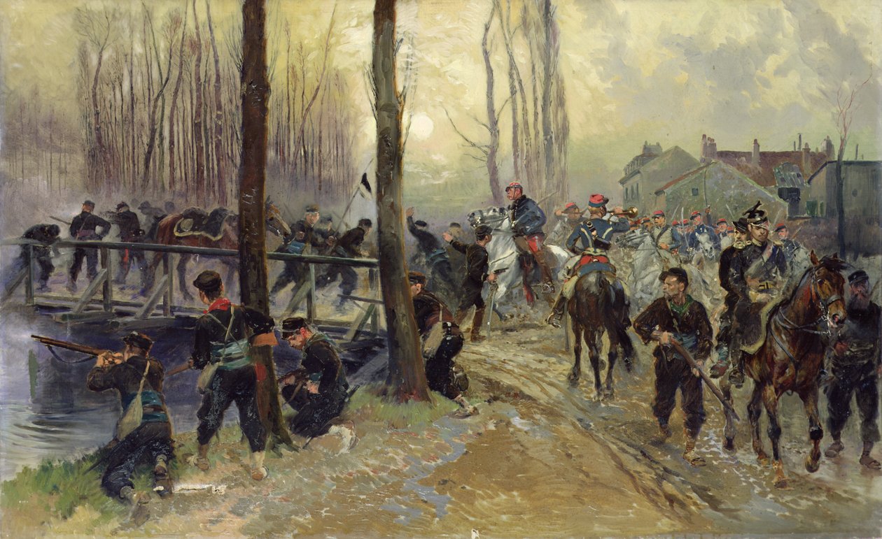Hinderlaag bij een brug verdedigd door troepen, vroege ochtend, 1870 door Jean Baptiste Edouard Detaille
