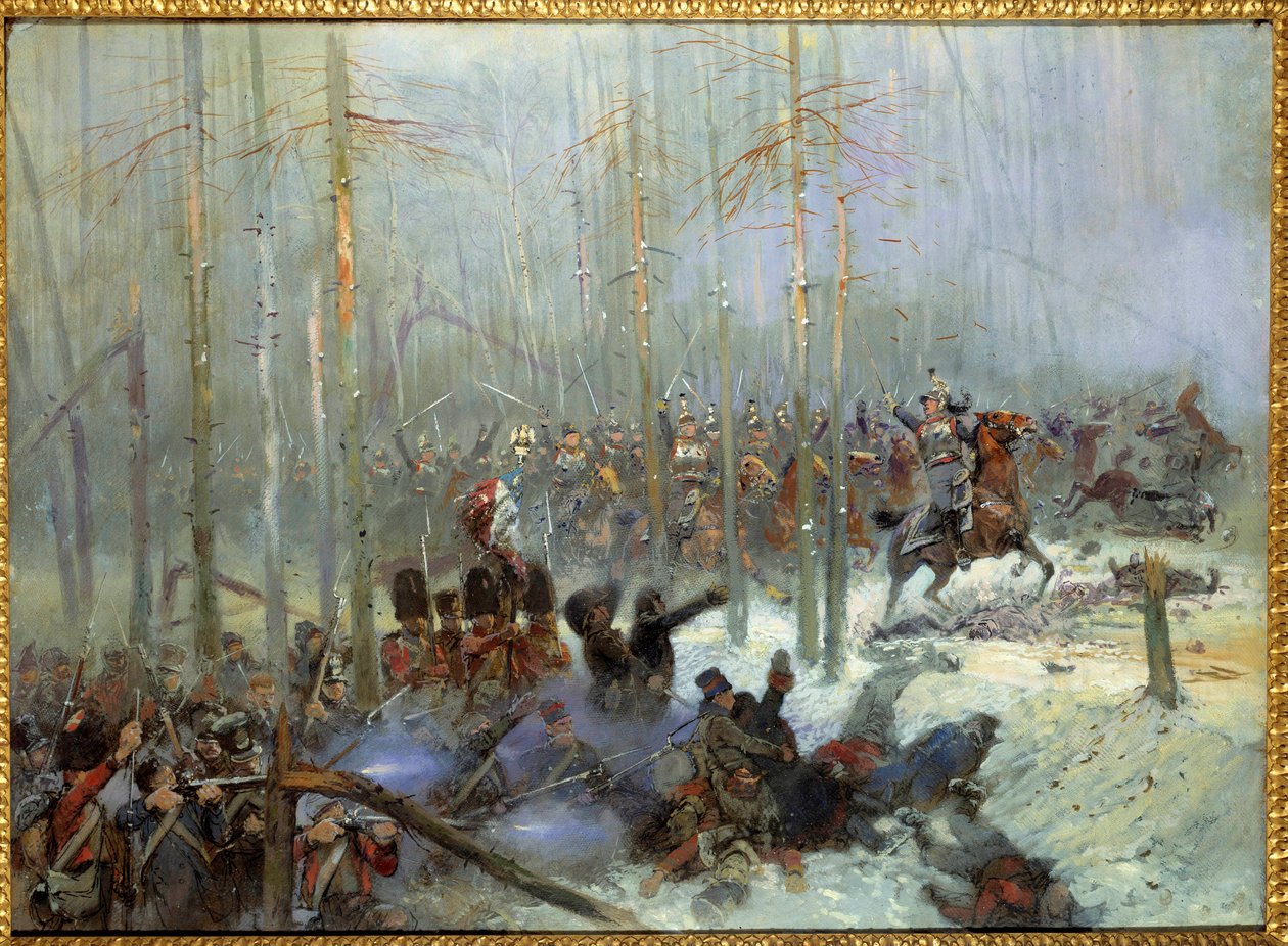 Campagne van Rusland in 1812: Aanval van het 7e slagschip van kolonel Dubois bij de Berezina op 28/11/1812 in Rusland door Jean Baptiste Edouard Detaille