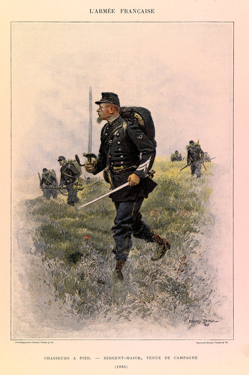 Types en uniformen van het Franse leger van kapitein Jules Richard, geïllustreerd door Edouard Detaille (1848-1912): Voetjagers: Sergeant-majoor in veldtenue in 1885, Privécollectie door Jean-Baptiste Edouard Detaille