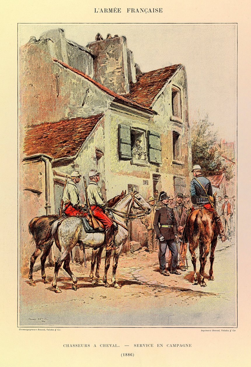 Typen en uniformen van het Franse leger van Kapitein Jules Richard, geïllustreerd door Edouard Detaille: Jagers te paard; Veldservice in 1886, Privécollectie door Jean Baptiste Edouard Detaille
