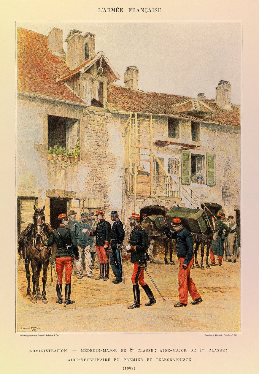 Typen en uniformen van het Franse leger van kapitein Jules Richard, geïllustreerd door Edouard Detaille (1848-1912): Administratie: Medicin Major van 2e klasse; Aide Major van 1e klasse; Veterinaire Aide Eerste en Telegraaf in 1887, Privécollectie door Jean-Baptiste Edouard Detaille