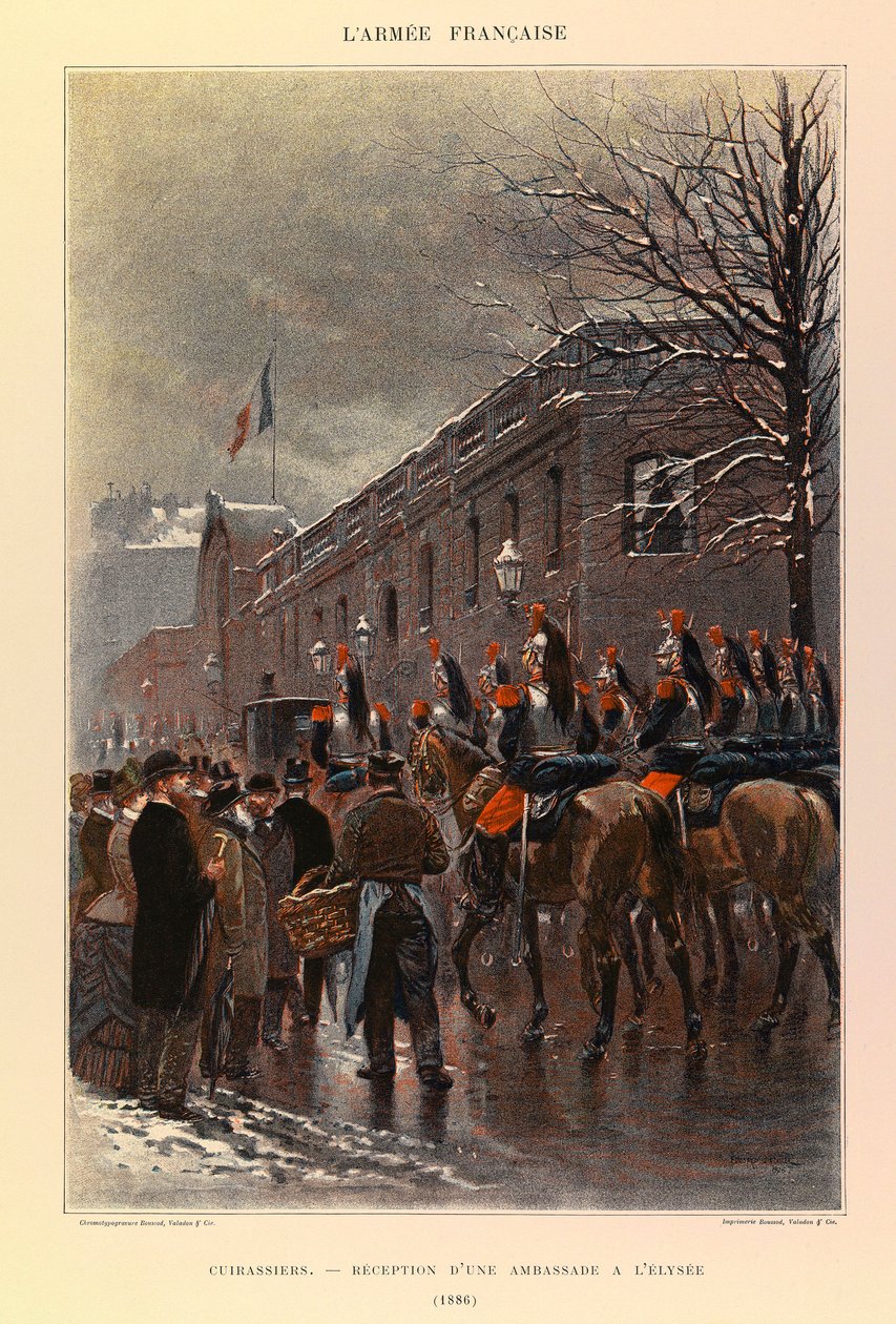 Typen en uniformen van het Franse leger van Kapitein Jules Richard, geïllustreerd door Edouard Detaille: Cuirassiers: Ontvangst van een ambassade op het Elysee in 1886, Privécollectie door Jean-Baptiste Edouard Detaille