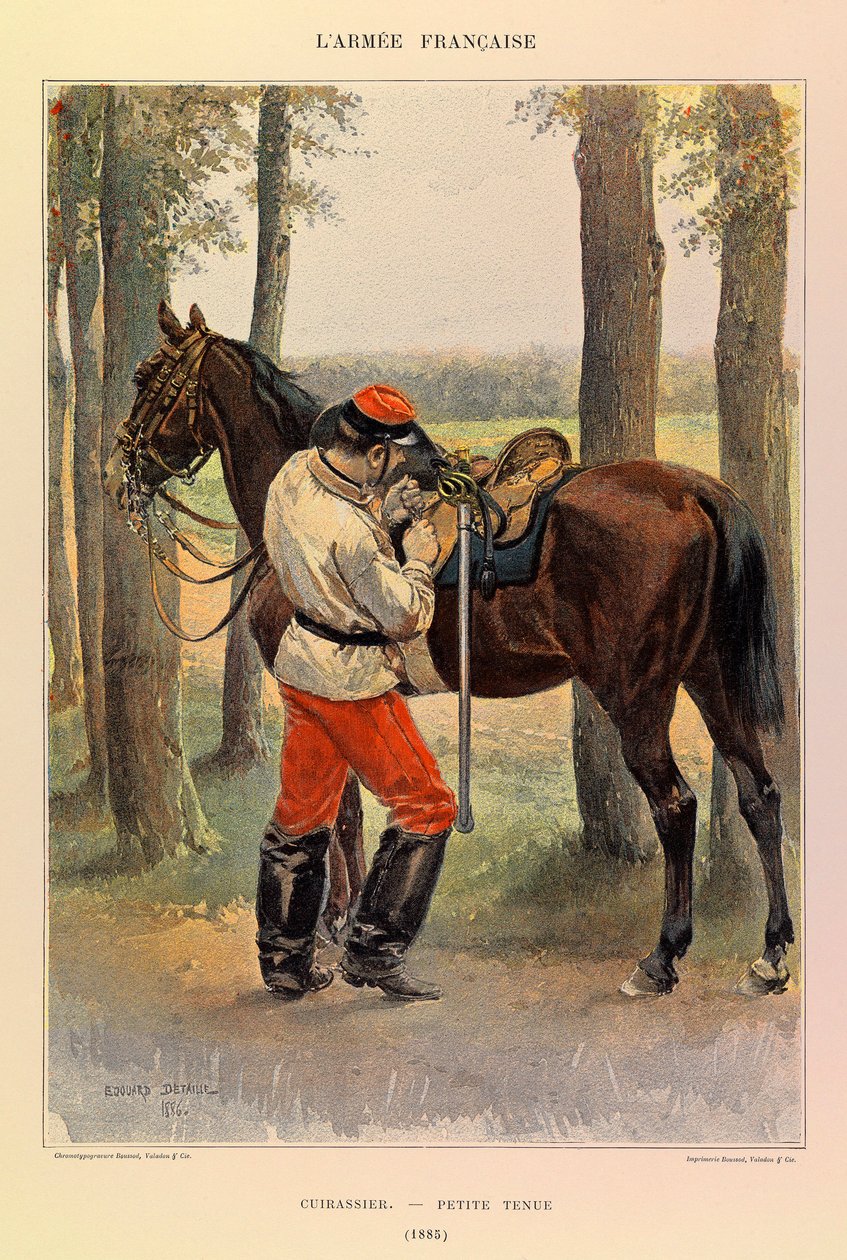 Typen en uniformen van het Franse leger van Kapitein Jules Richard, geïllustreerd door Edouard Detaille: Cuirassier in kleine tenue in 1885, Privécollectie door Jean-Baptiste Edouard Detaille