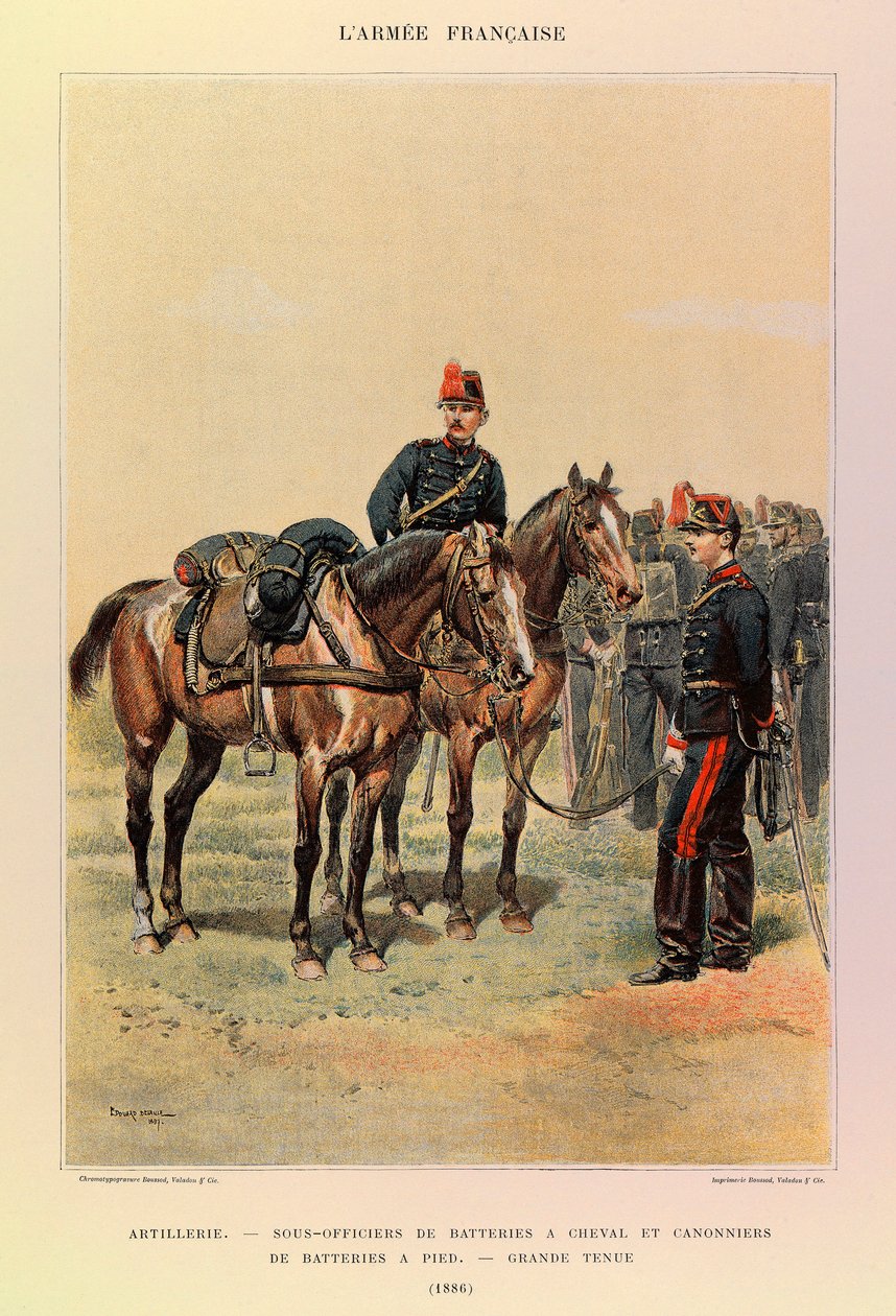 Typen en uniformen van het Franse leger van Kapitein Jules Richard, geïllustreerd door Edouard Detaille (1848-1912): Artillerie: Onderofficieren van batterijen te paard en kanonniers van batterij te voet in grote kledij in 1886, Privécollectie door Jean Baptiste Edouard Detaille