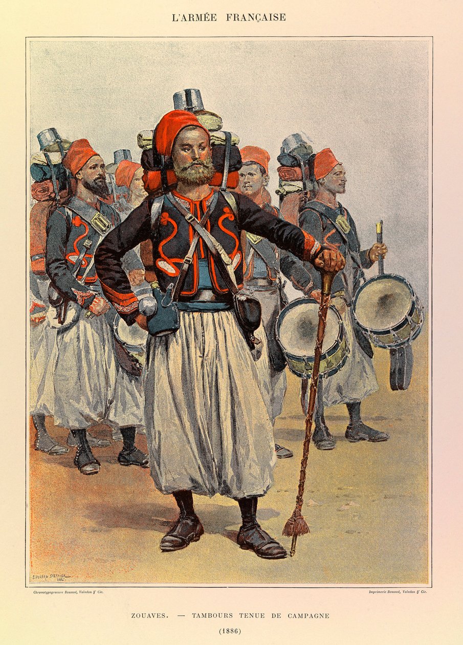 Types en uniformen van het Franse leger van Kapitein Jules Richard, geïllustreerd door Edouard Detaille: Zouaven: Trommel in landelijke kleding in 1886 door Jean-Baptiste Edouard Detaille