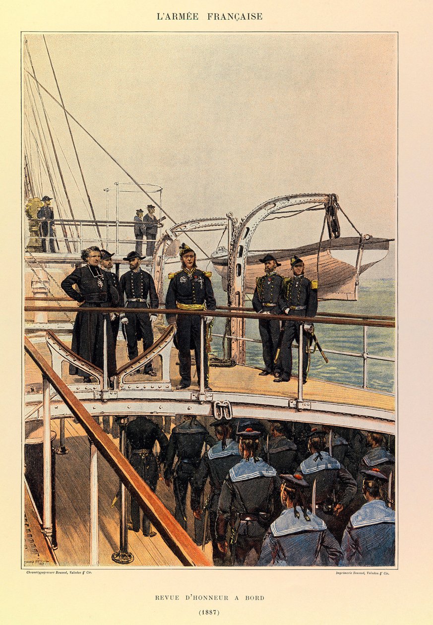 Typen en uniformen van het Franse leger van kapitein Jules Richard, geïllustreerd door Edouard Detaille (1848-1912): Marine: Eerbetoon aan boord in 1887, Privécollectie door Jean-Baptiste Edouard Detaille