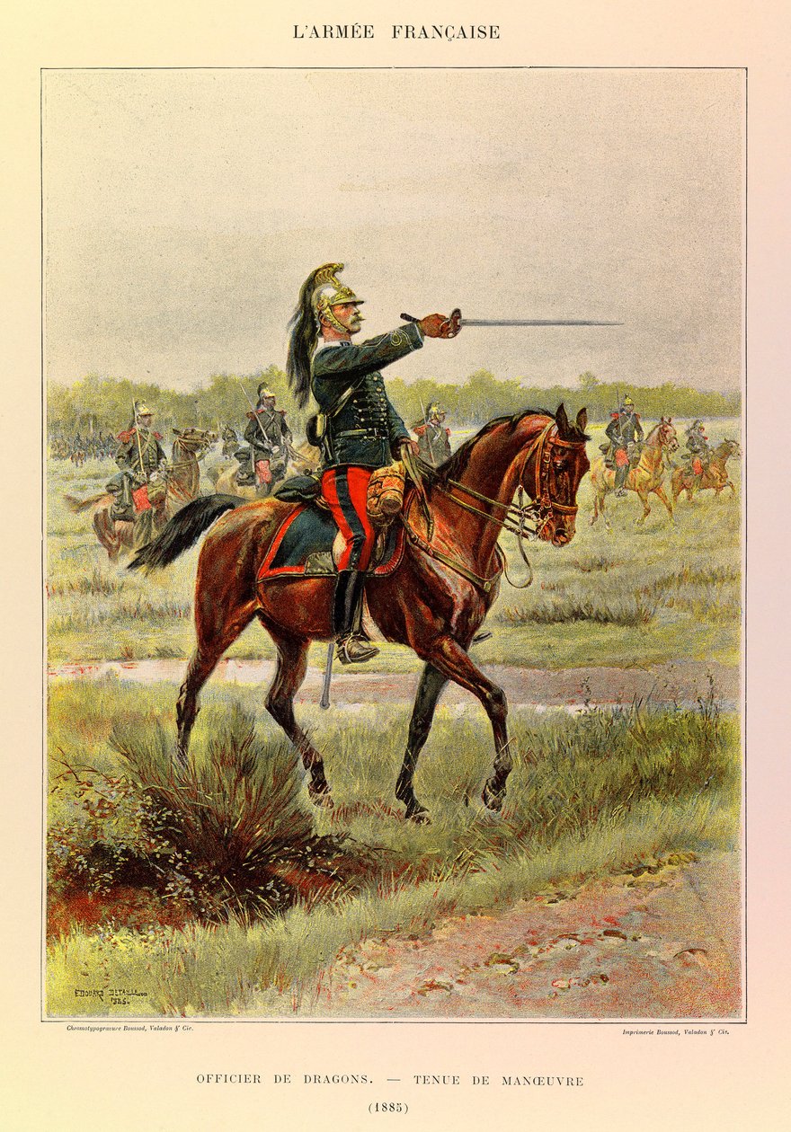 Typen en uniformen van het Franse leger van Kapitein Jules Richard, geïllustreerd door Edouard Detaille (1848-1912): Officier van Draken in manoeuvrepak in 1885, Privécollectie door Jean Baptiste Edouard Detaille