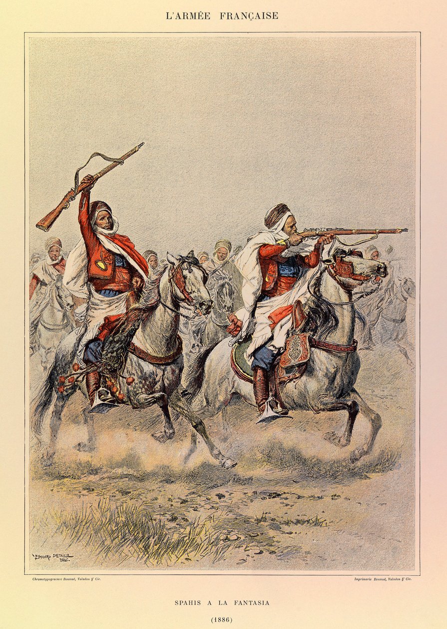 Types en uniformen van het Franse leger van kapitein Jules Richard, geïllustreerd door Edouard Detaille (1848-1912): Spahis bij de Fantasia in 1886, Privécollectie door Jean Baptiste Edouard Detaille