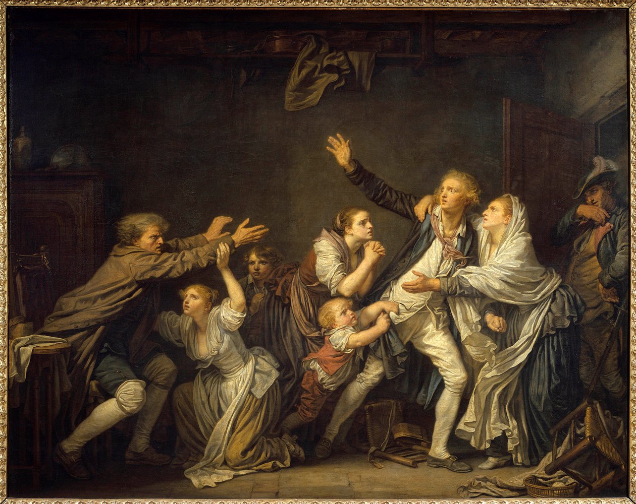 Een vader ontkent zijn zoon die gedwongen wordt het ouderlijk huis te verlaten door Jean Baptiste Greuze