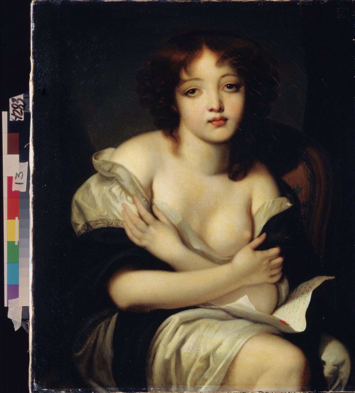 De brief. Jong meisje met een melancholische uitdrukking, die een liefdesbrief vasthoudt. door Jean Baptiste Greuze