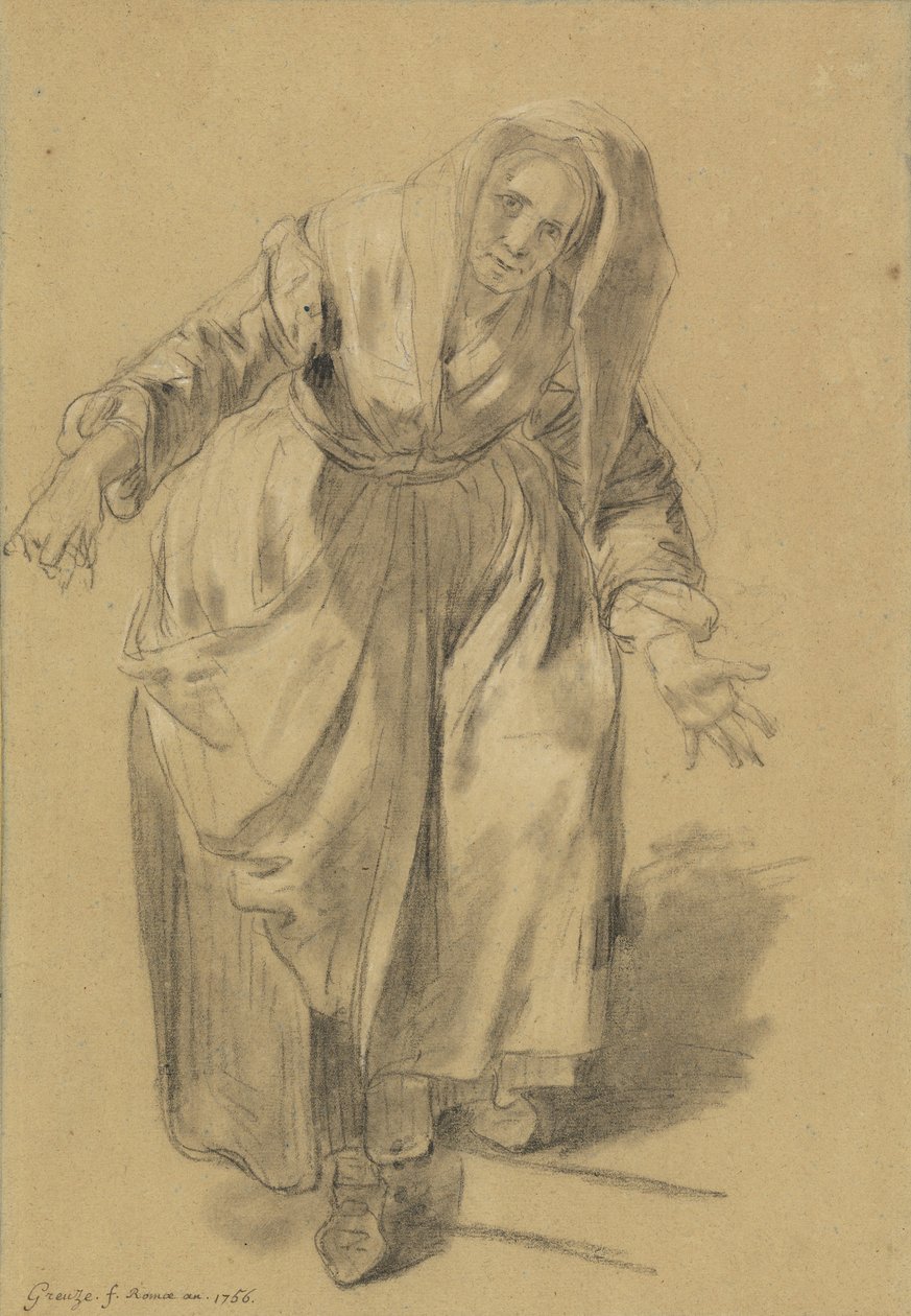 Oude vrouw met uitgestrekte armen (Studie voor het Napolitaanse gebaar) door Jean Baptiste Greuze