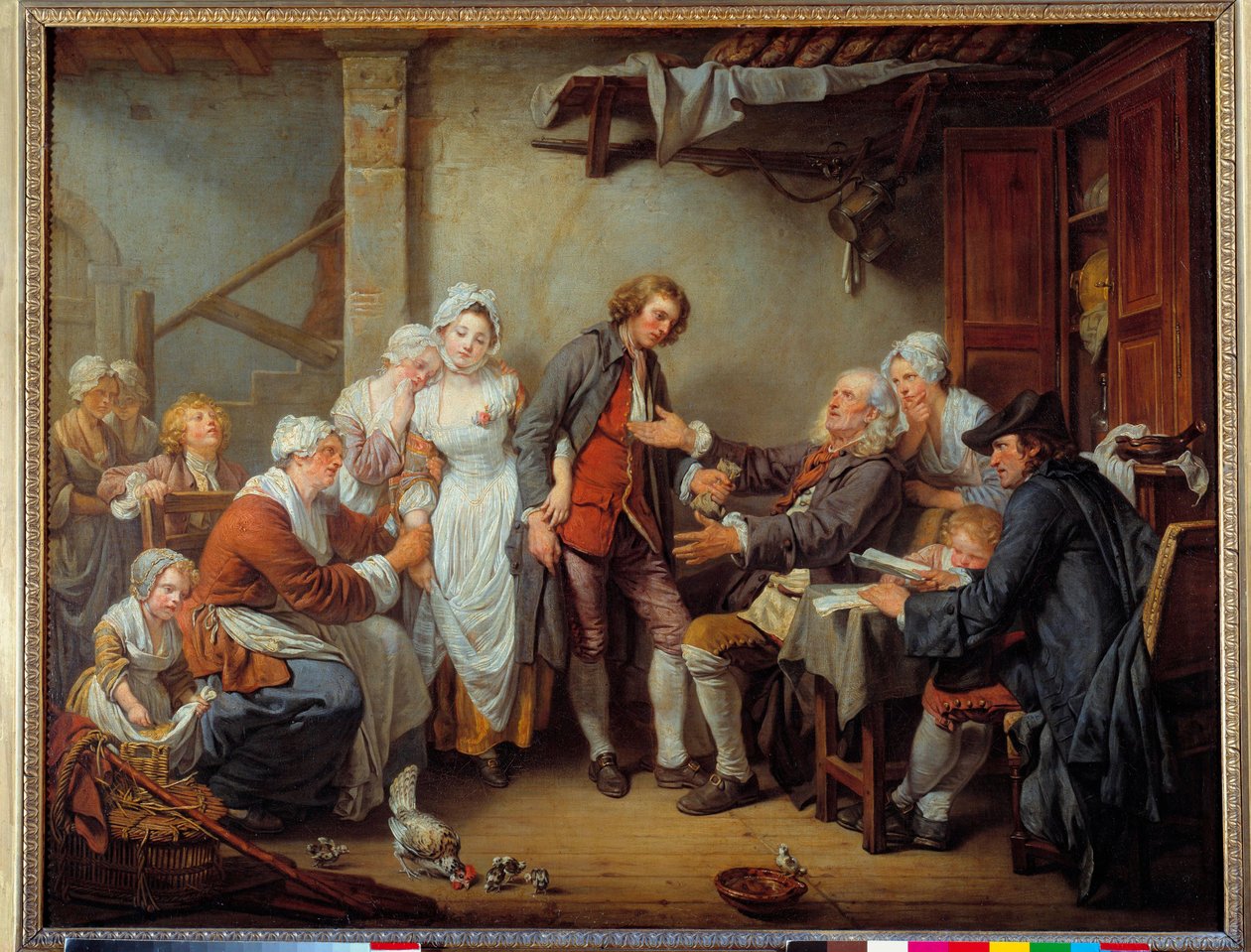 Het dorpsakkoord. De vader van de bruid geeft de bruidsschat aan zijn schoonzoon door Jean Baptiste Greuze
