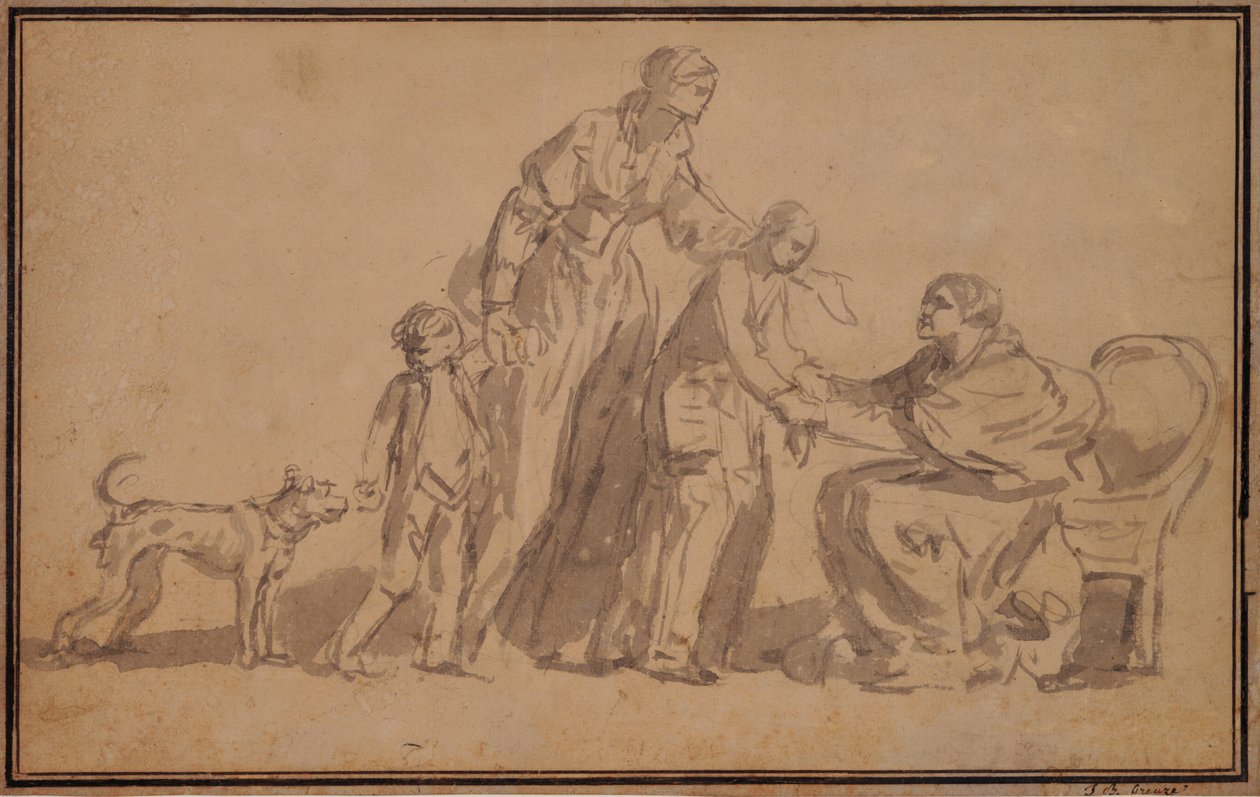 Twee kinderen en moeder verwelkomd door een oude verpleegster door Jean Baptiste Greuze