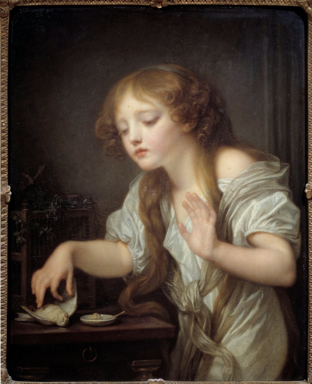 Jong meisje aarzelend om een vogel aan te raken uit angst dat hij dood is of de dode vogel door Jean Baptiste Greuze