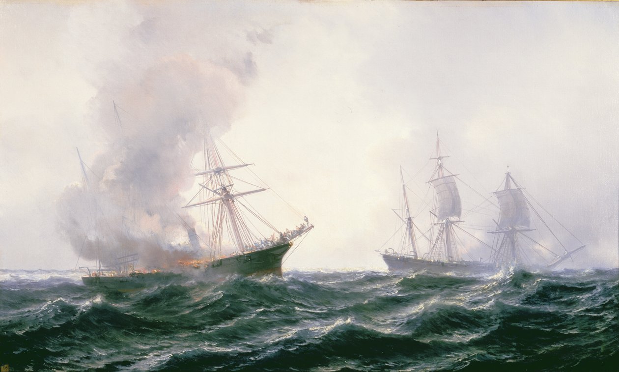 Een schip in brand op zee, met een ander schip in de buurt door Jean Baptiste Henri Durand Brager