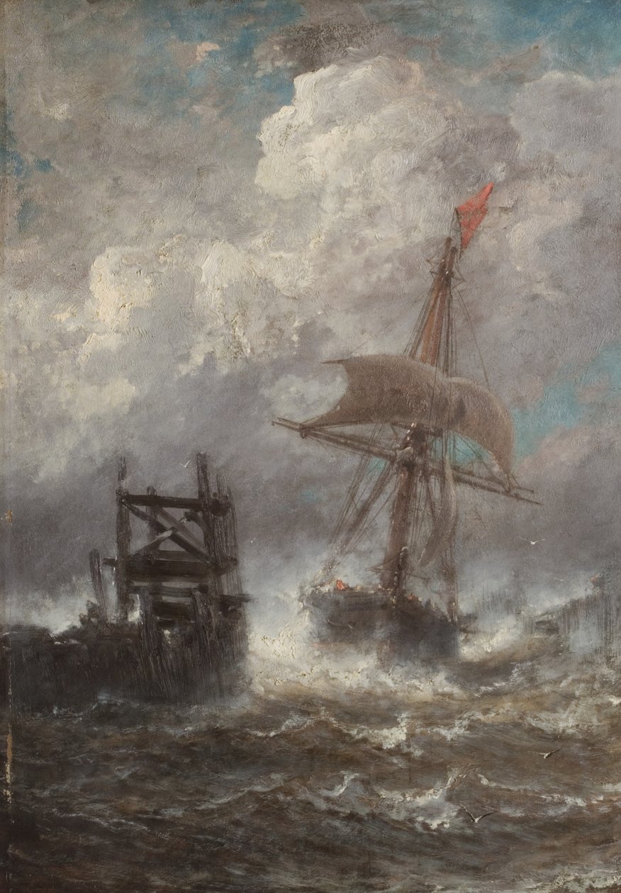 Zeegezicht met schip door Jean Baptiste Henri Durand Brager