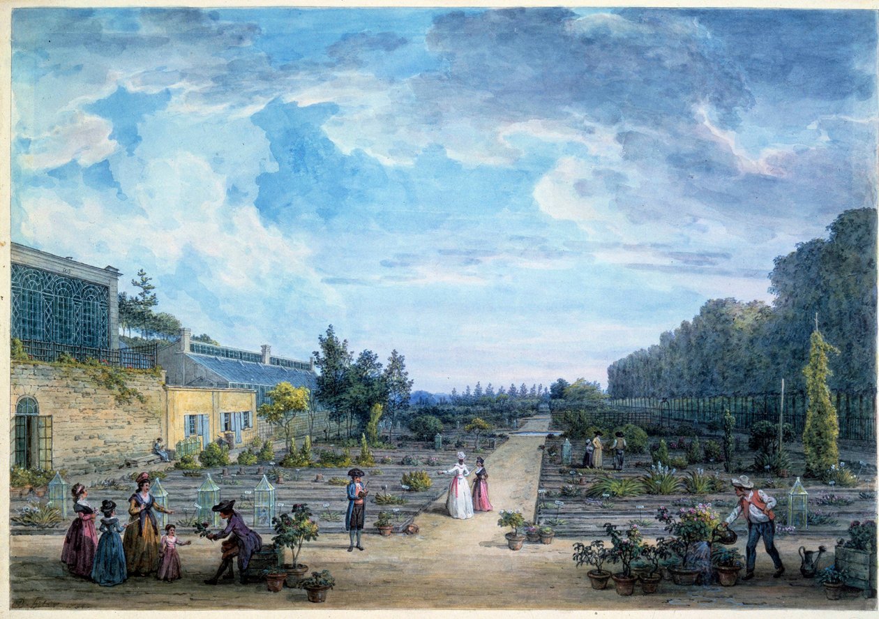 Uitzicht op de Jardin du Roi (huidige Jardin des Plantes) door Jean Baptiste Hilaire