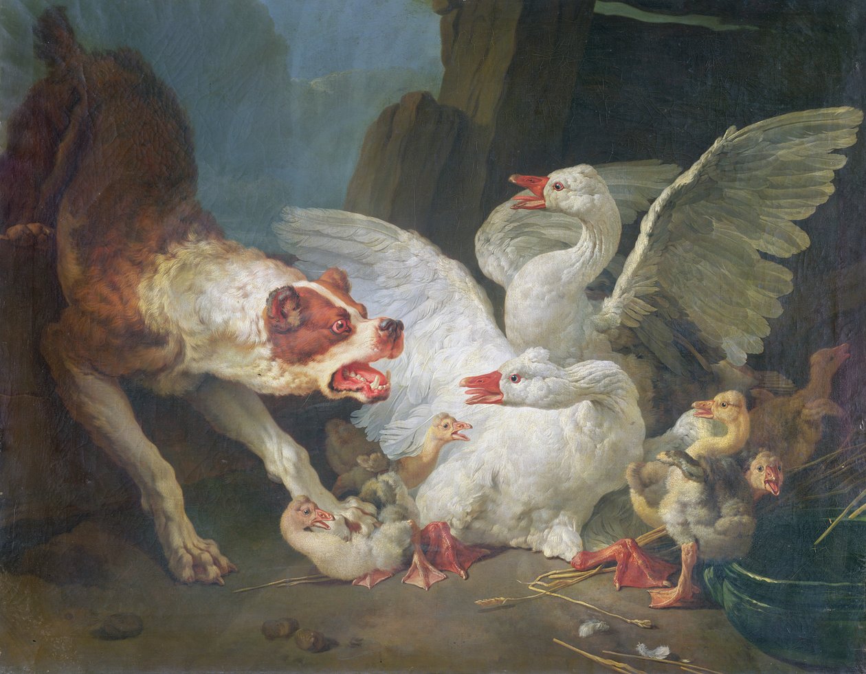 Een Hond die Ganzen Aanvalt door Jean Baptiste Huet