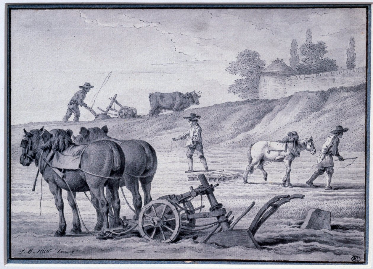 Landbouw: ploegscène. Tekening door Jean Baptiste Huet (1745-1811) 18e eeuw. Parijs, Louvre Museum door Jean-Baptiste Huet
