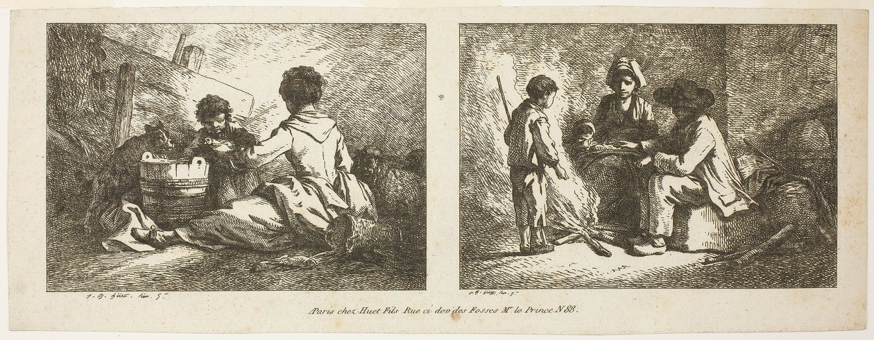 Kinderen met hond en schapen en boerenfamilie bij het vuur door Jean Baptiste Huet