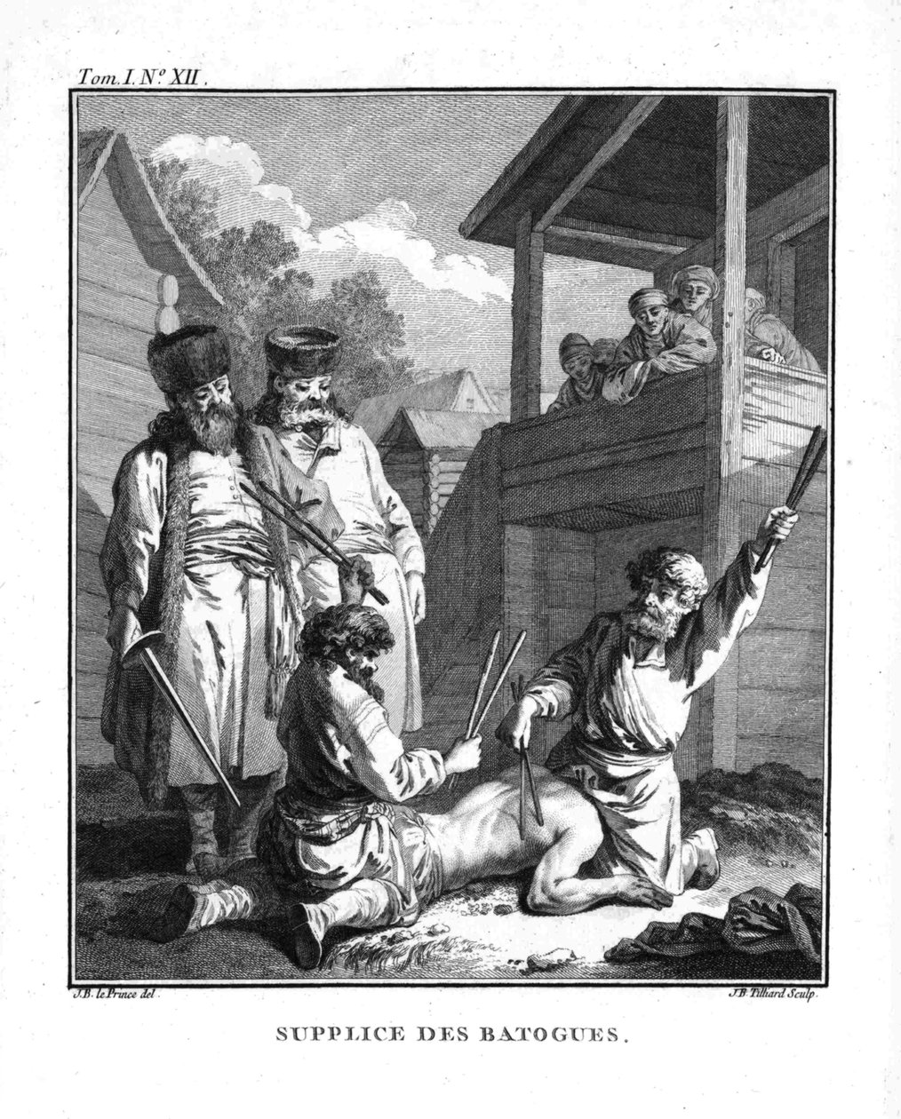 Straf met batogs. Uit Voyage en Sibérie, 1766 door Jean Baptiste Le Prince