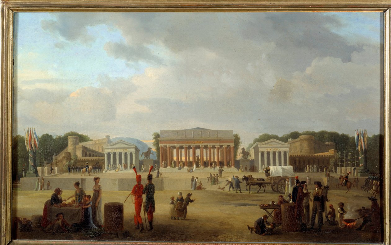 Uitzicht op het grote theater op de Place de la Concorde in Parijs voor het feest van de Vrede op 18 Brumaire jaar X (9/11/1801) door Jean Baptiste Louis Cazin