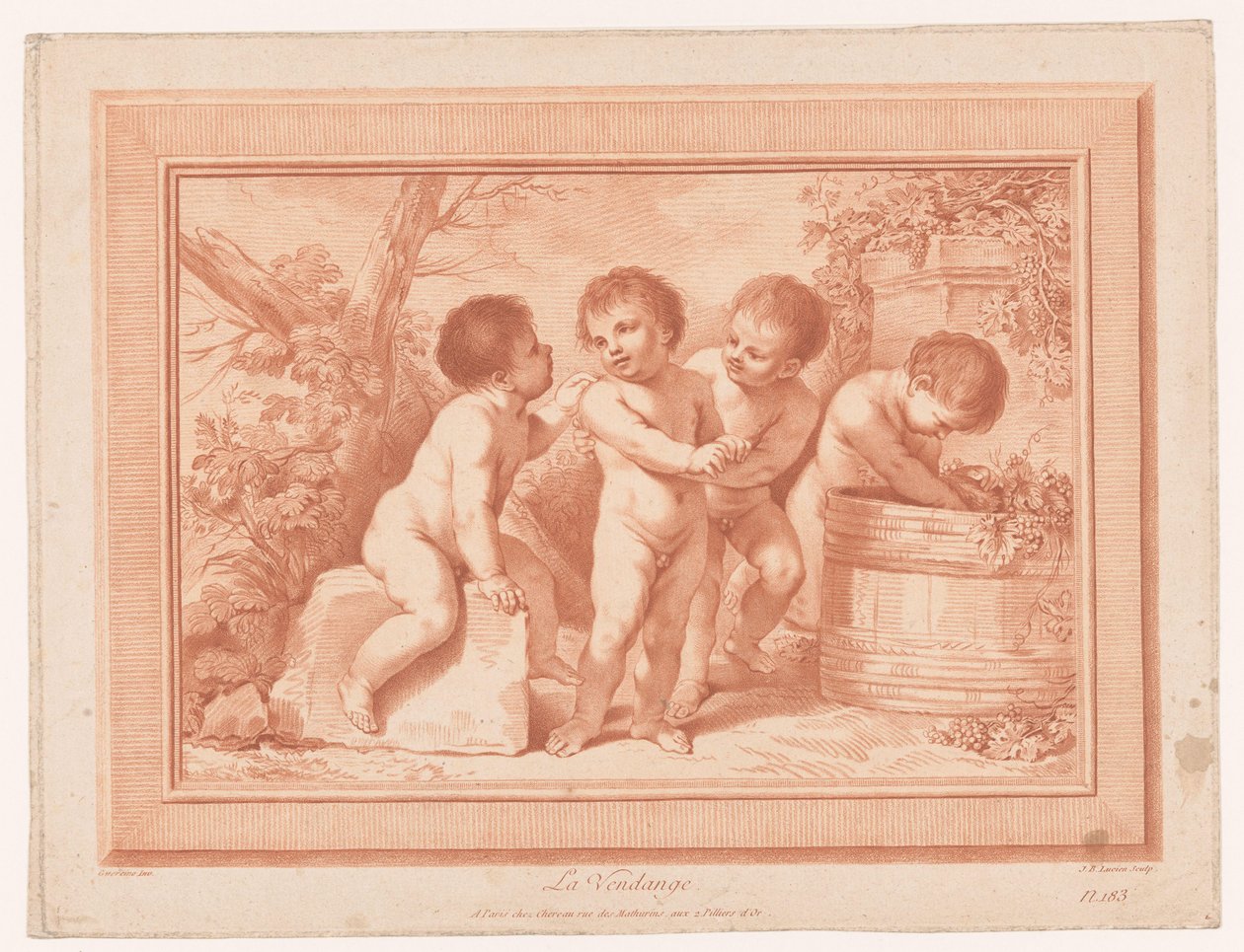 Vier putti bij een wijnton door Jean Baptiste Lucien
