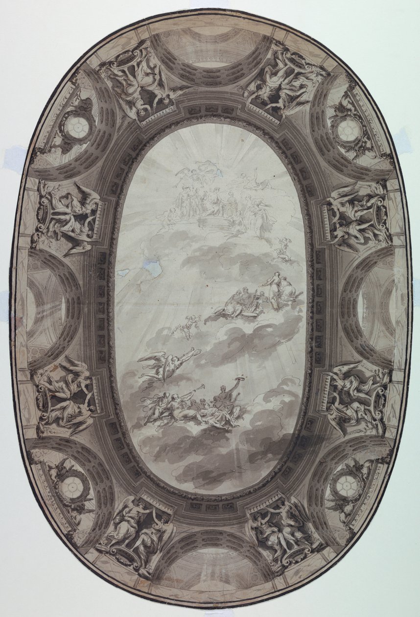 Tekening, Project voor de geschilderde versiering van het plafond van een zaal (geschilderd ovaal plafond), 1761 door Jean Baptiste Marie Pierre