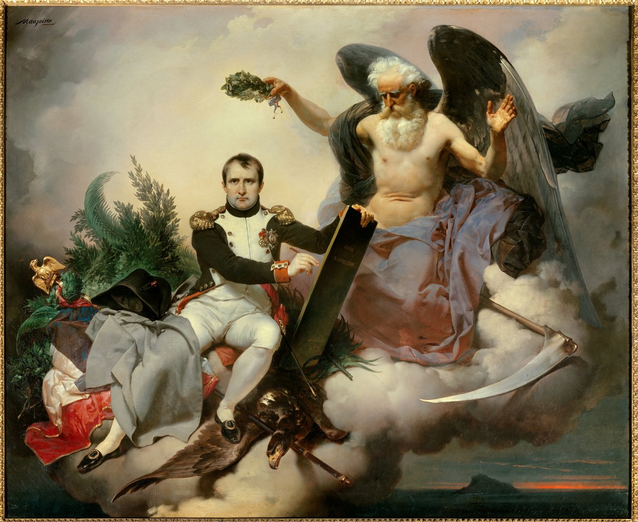 Napoleon I gekroond door Tijd, schrijft de Code Civil. Allegorie van Tijd, onder de gedaante van een oude engel kroont Napoleon Bonaparte (1769-1821) op het moment dat hij zijn wetboek herzag, bekend als de Code Napoleon, afgekondigd in 1804. Schilderij do door Jean Baptiste Mauzaisse