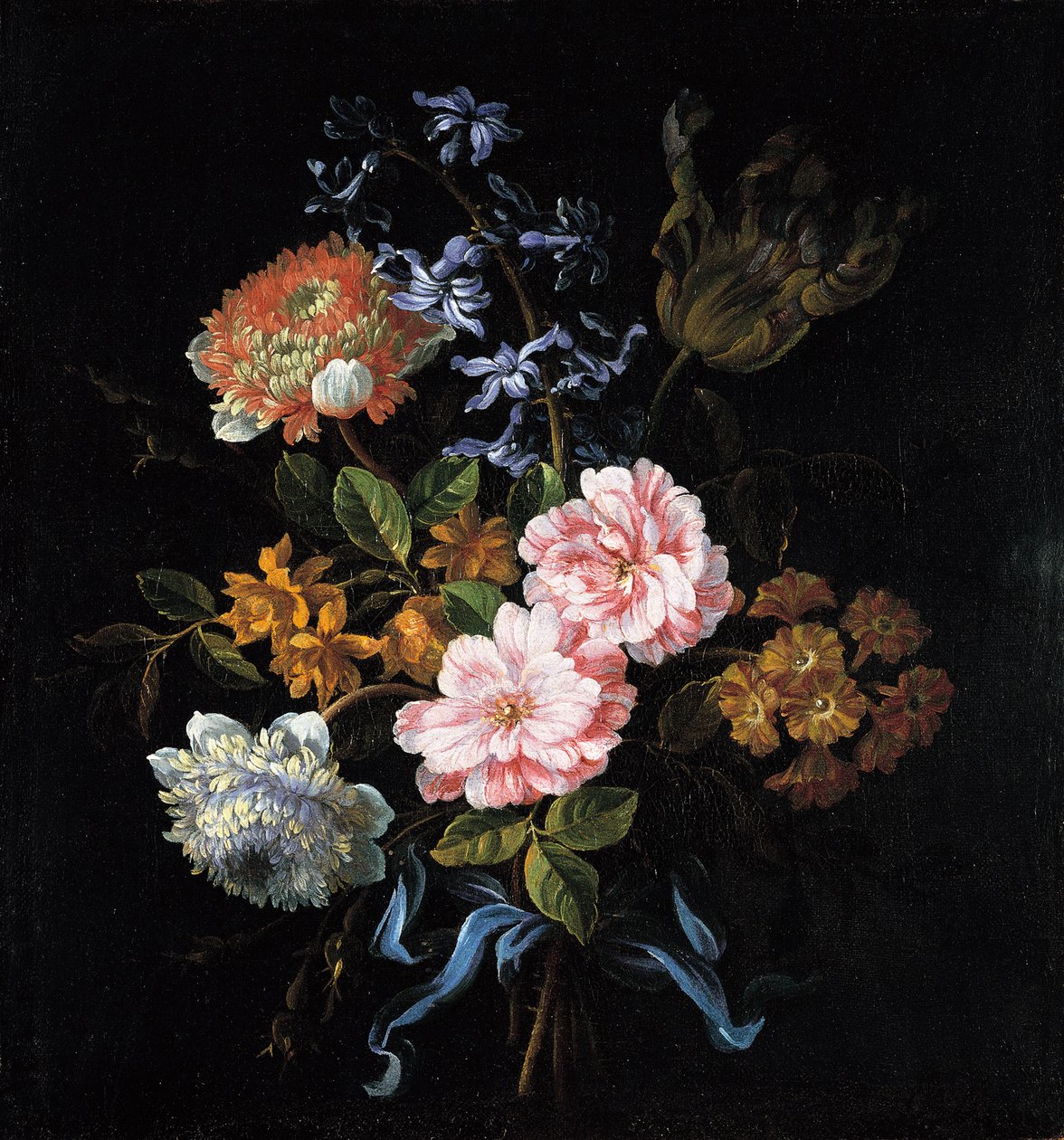 Boeket van papaveranemonen, rozen, dubbele campernelle, een hyacint, een tulp en auricula gebonden met een lint door Jean Baptiste Monnoyer