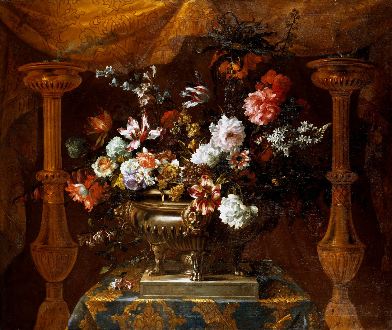 Stilleven met bloemen in een zilveren vaas met parfumbranders, ca. 1690-99 door Jean Baptiste Monnoyer