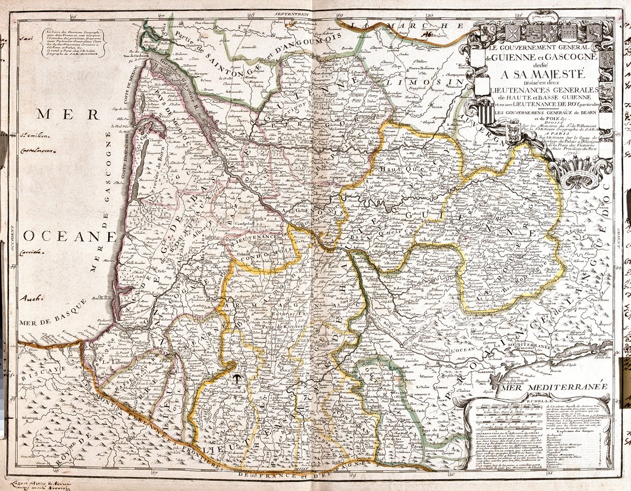 Kaart van Guyenne en Gascogne (Zuidwest-Frankrijk) door Jean Baptiste Nolin