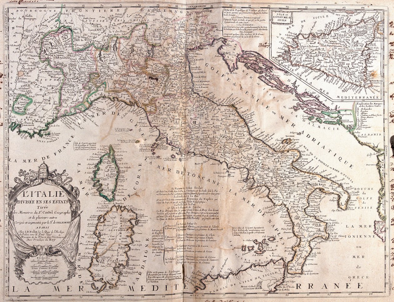 Kaart van Italië, met Corsica, Sardinië en Sicilië door Jean Baptiste Nolin