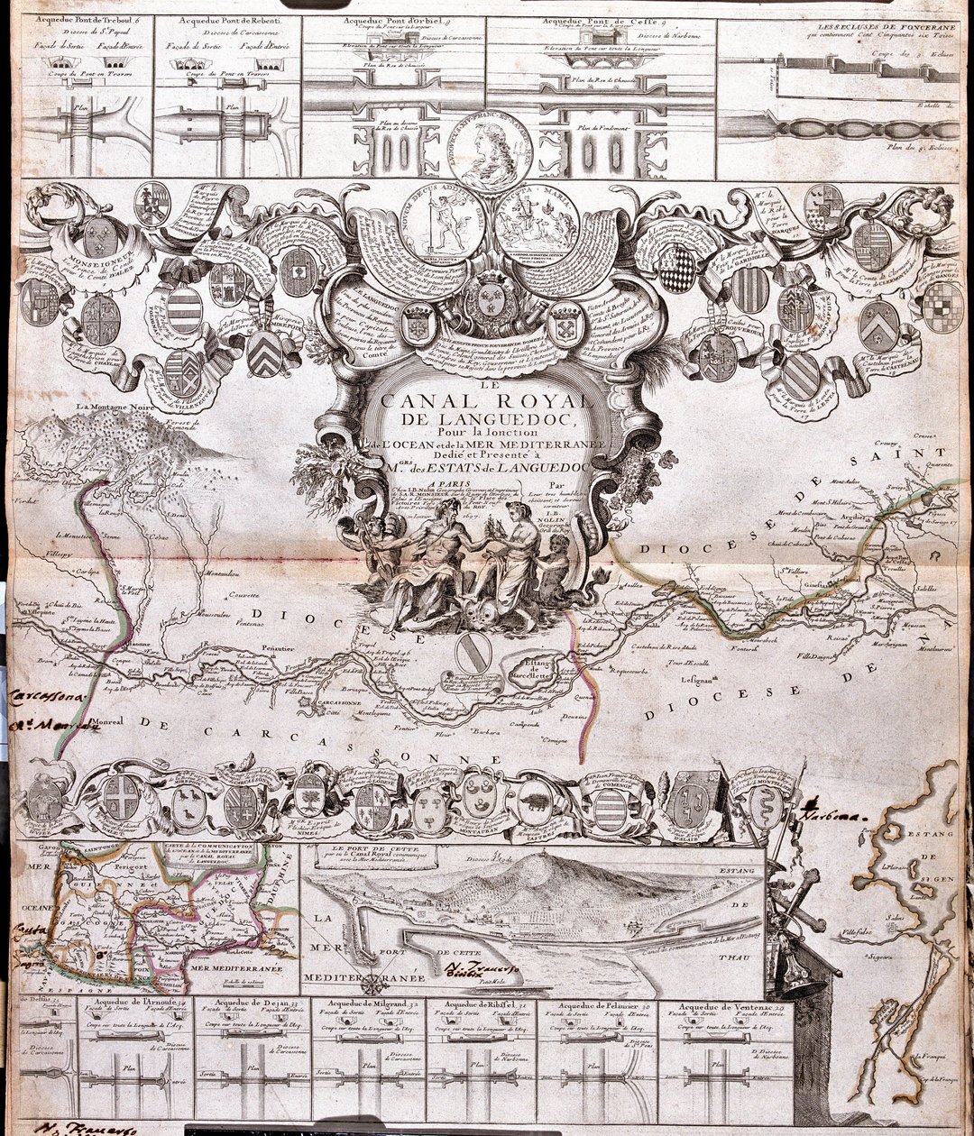 Kaart van het Canal du Midi, met zijn aquaducten door Jean-Baptiste Nolin
