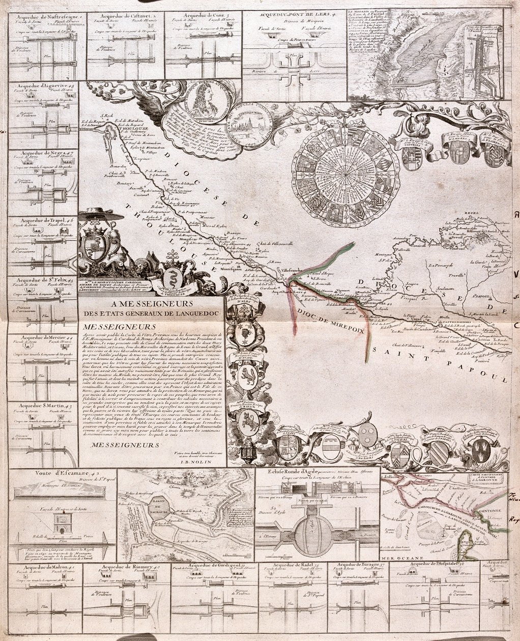 Kaart van het Canal du Midi, met zijn aquaducten door Jean Baptiste Nolin