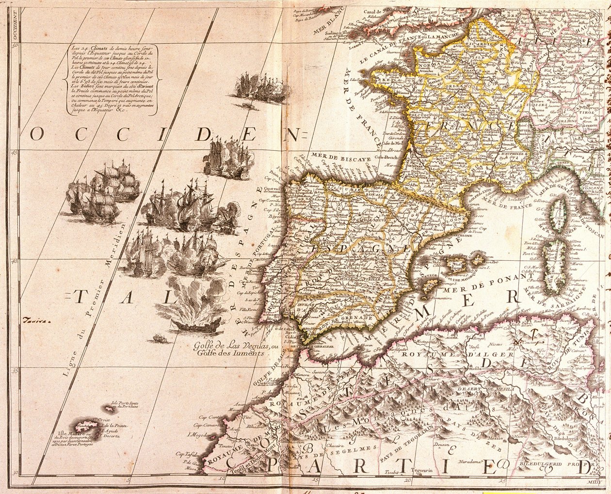 Kaart van de Westelijke Middellandse Zeelanden: Frankrijk, Spanje, Portugal en Noord-Afrika, met de Balearen, Corsica en Sardinië door Jean Baptiste Nolin