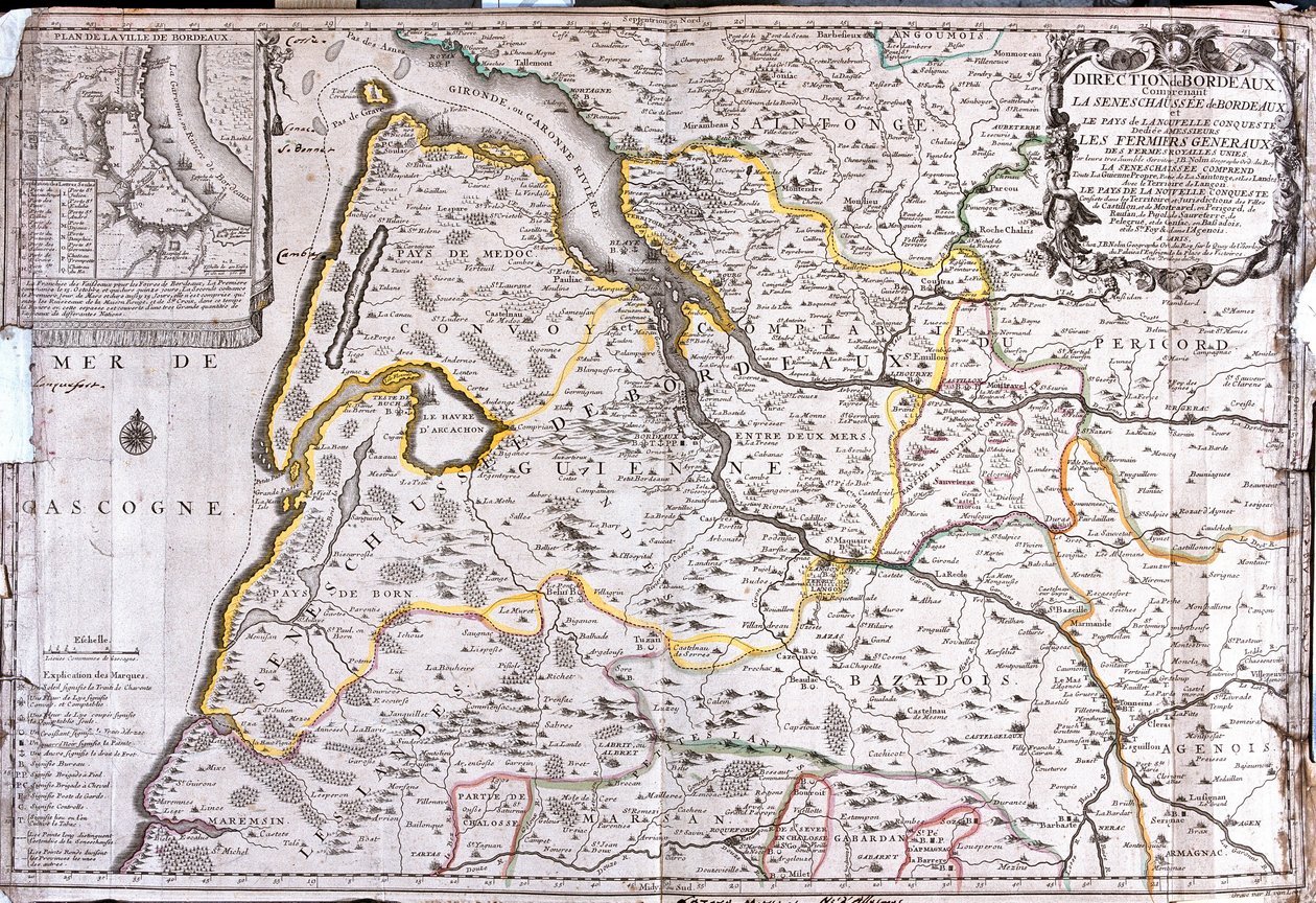 Kaart van het gebied rond Bordeaux (Frankrijk) door Jean Baptiste Nolin