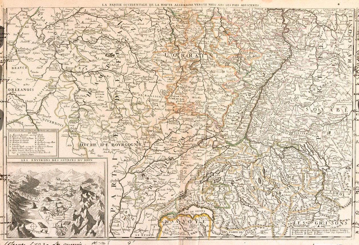 Kaart van het gebied rond de Rijn (Duitsland, Zwitserland, Frankrijk) door Jean Baptiste Nolin