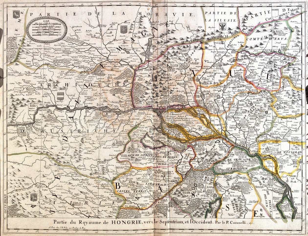 Kaart van het noordwestelijke deel van het Koninkrijk Hongarije (gravure) door Jean Baptiste Nolin