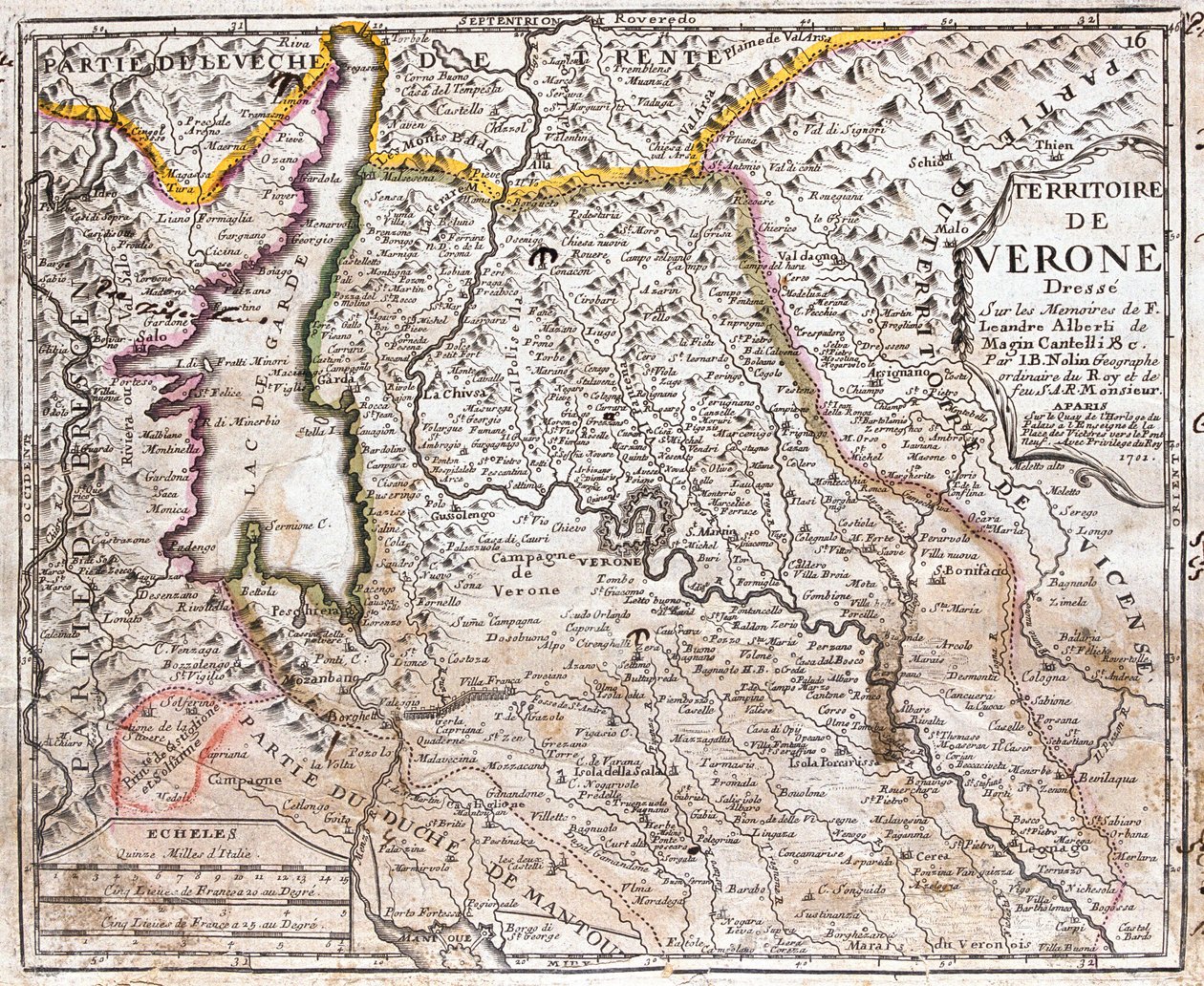 Kaart van het gebied van Verona (Veneto, Italië) door Jean Baptiste Nolin