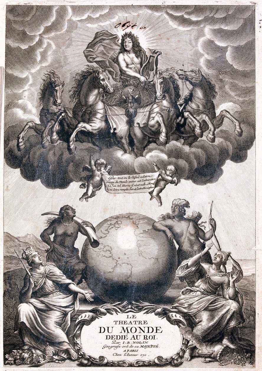 Portret van Lodewijk XIV, vliegend over een aardbol, titelpagina door Jean Baptiste Nolin