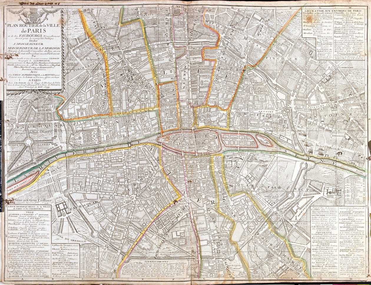 Routekaart van Parijs en zijn voorsteden door Jean-Baptiste Nolin