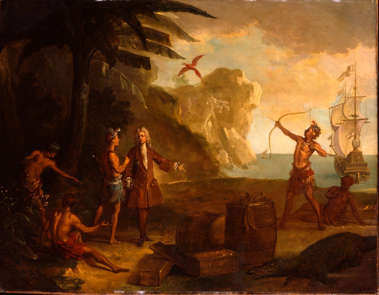Amerika - Een Europese handelaar onderhandelt met Native Americans voor een vat tabak en andere goederen door Jean Baptiste Oudry