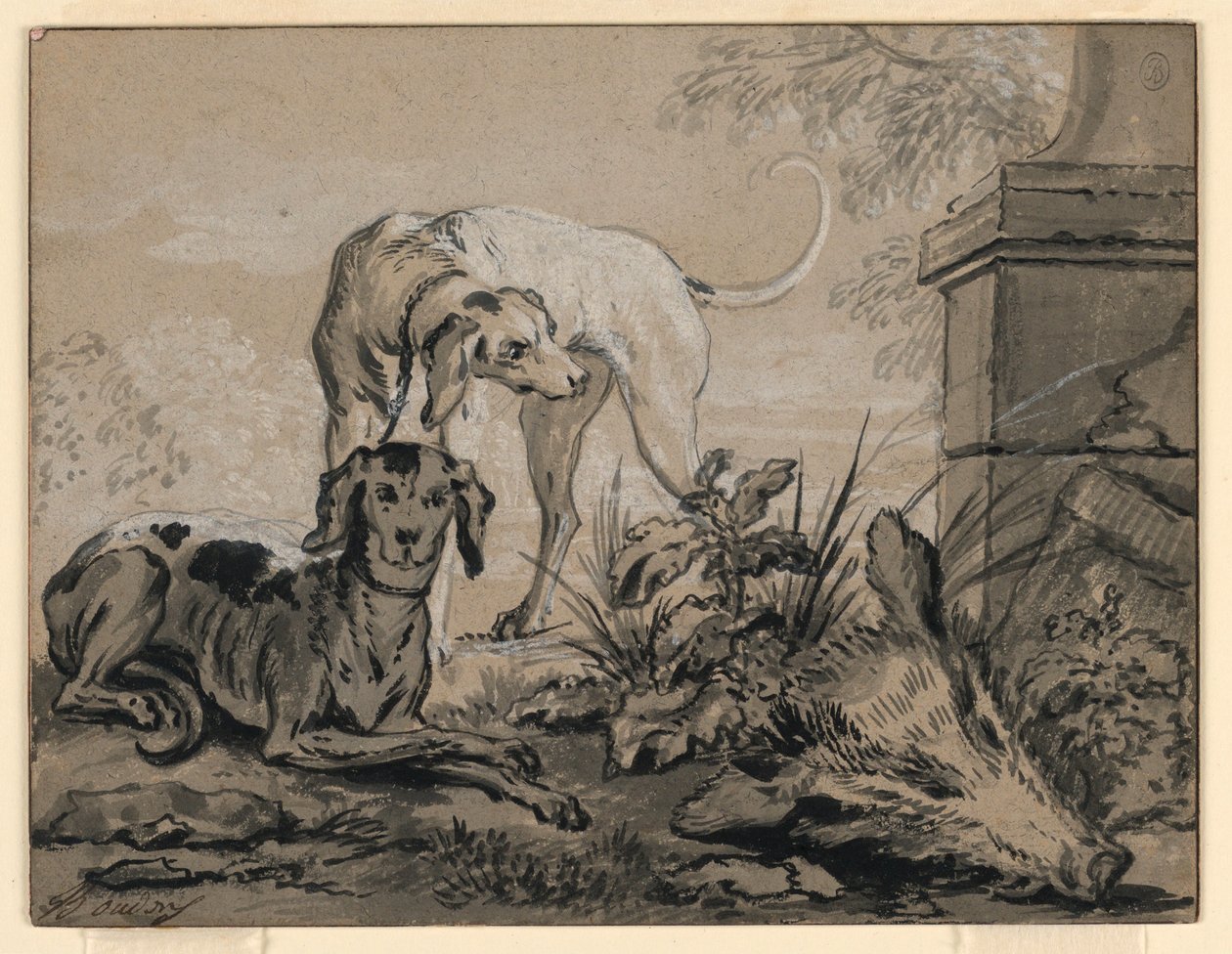 Tekening, Na de jacht: twee honden naast een zwijnskop, 1740 door Jean Baptiste Oudry