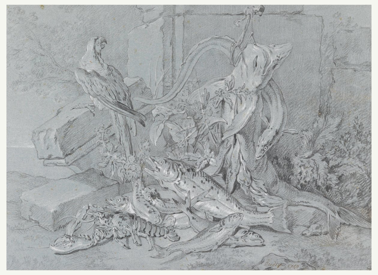 Tekening, Stilleven met vis en papegaai, 1740 door Jean Baptiste Oudry
