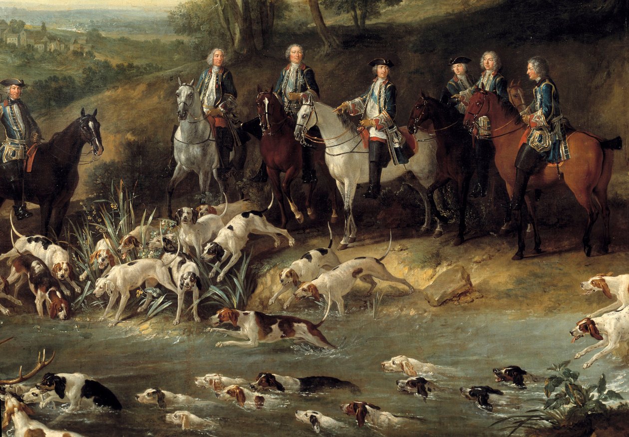 Koning Lodewijk XV jaagt op herten in het bos van Saint Germain in 1730 (detail). Schilderij door Jean Baptiste Oudry (1686-1755) 1730 Toulouse, Musee des Augustins door Jean Baptiste Oudry