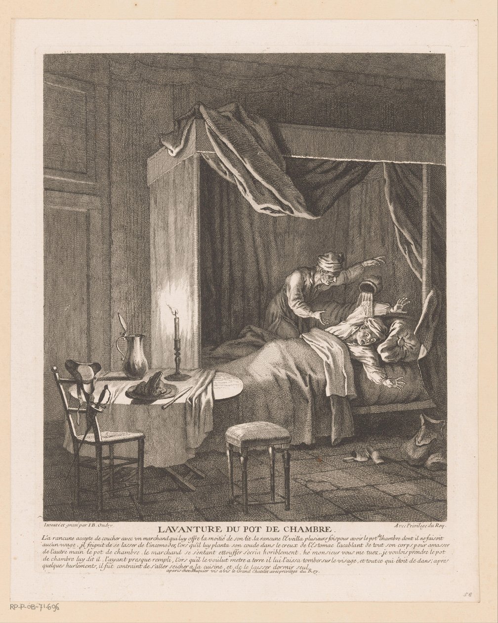 Man schrikt wakker door kamerpot die over hem geleegd wordt (Scènes uit de Roman Comique van Scarron) door Jean-Baptiste Oudry