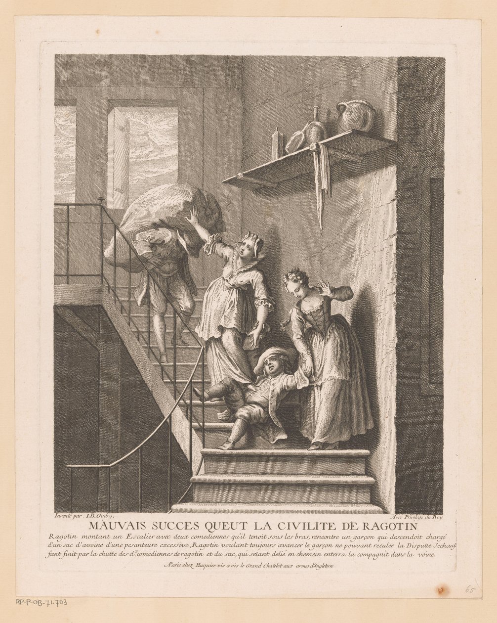 Ragotin met twee dames op een trap door Jean Baptiste Oudry