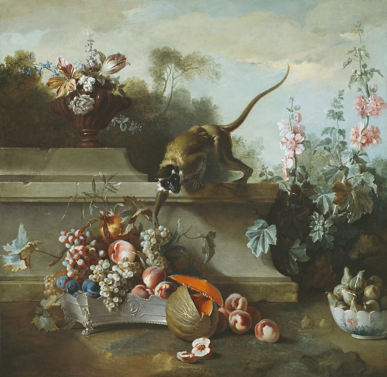 Stilleven met aap, fruit en bloemen, 1724 door Jean Baptiste Oudry